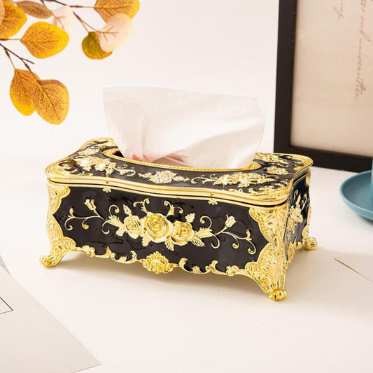 Luxury Rose Embossed Tissue Box Holder – Vintage Gold Decorative
