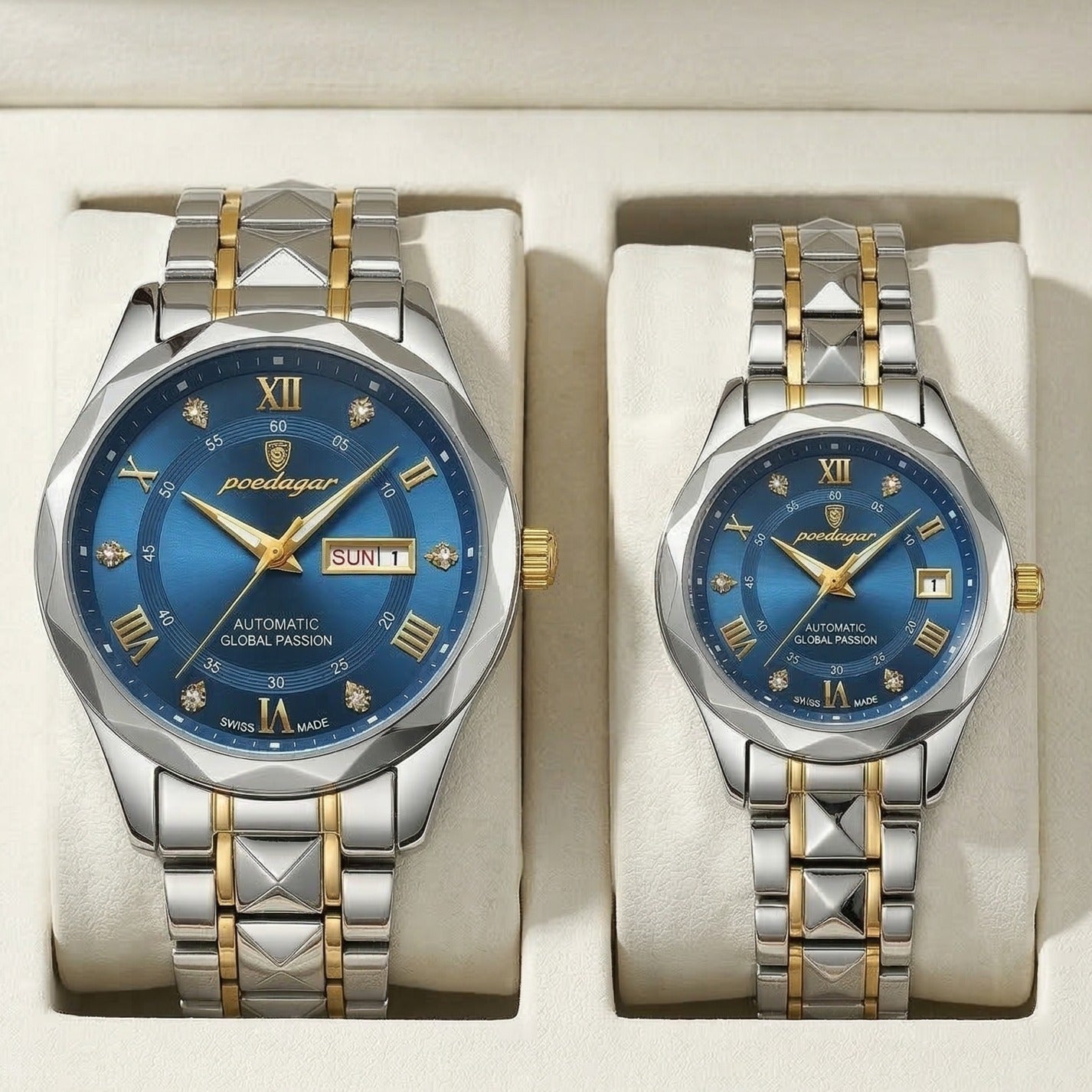 Poedagar Luxury Couple Watch Set – Silver & Gold Stainless Steel