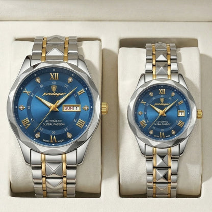 Poedagar Luxury Couple Watch Set – Silver & Gold Stainless Steel