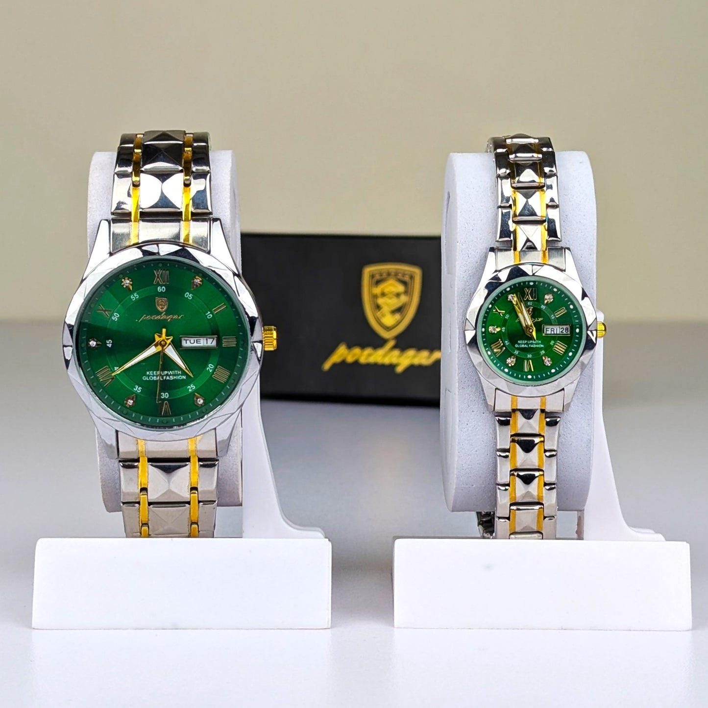 Poedagar Luxury Couple Watch Set – Silver & Gold Stainless Steel