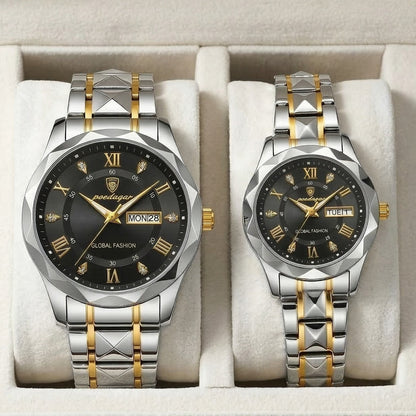 Poedagar Luxury Couple Watch Set – Silver & Gold Stainless Steel