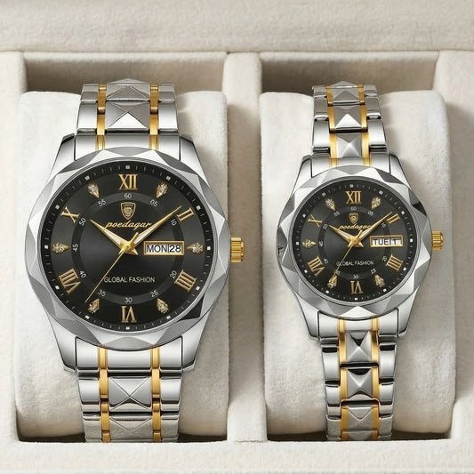 Poedagar Luxury Couple Watch Set – Silver & Gold Stainless Steel