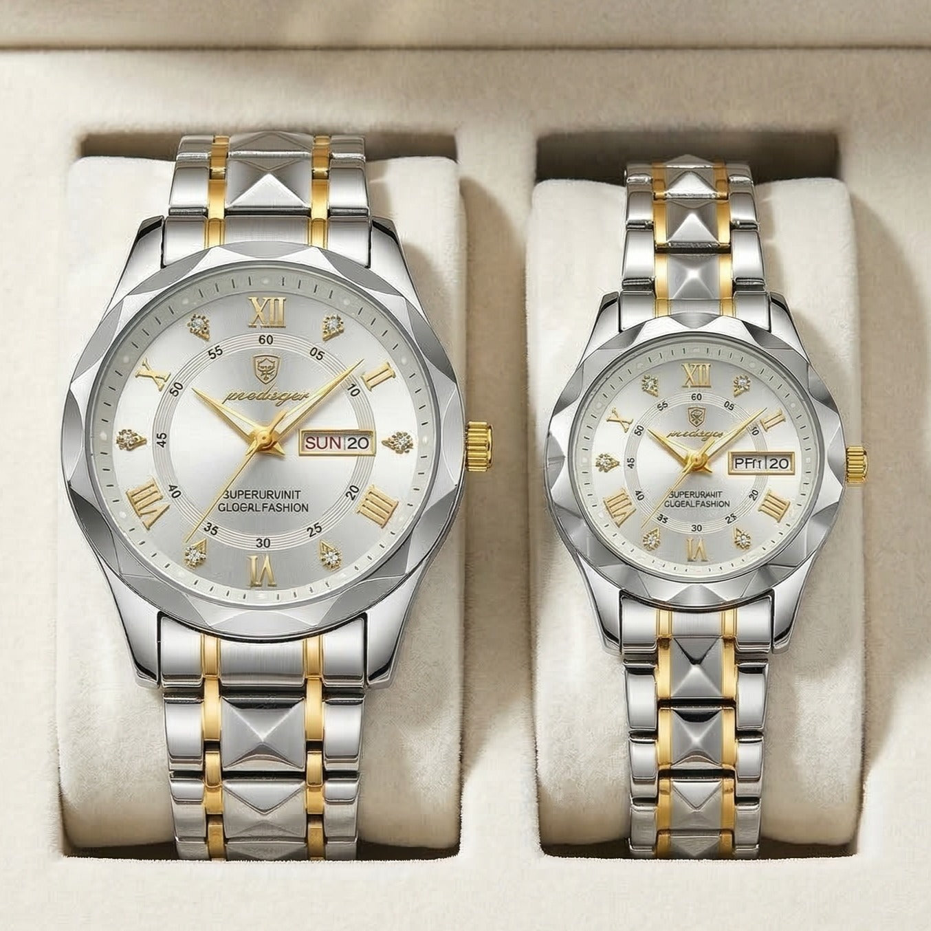 Poedagar Luxury Couple Watch Set – Silver & Gold Stainless Steel