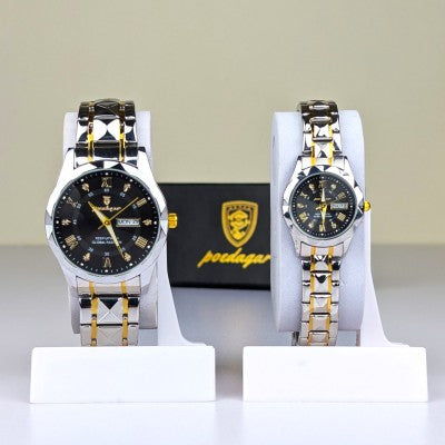 Poedagar Luxury Couple Watch Set – Silver & Gold Stainless Steel