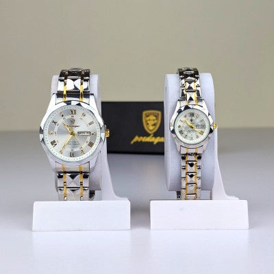 Poedagar Luxury Couple Watch Set – Silver & Gold Stainless Steel
