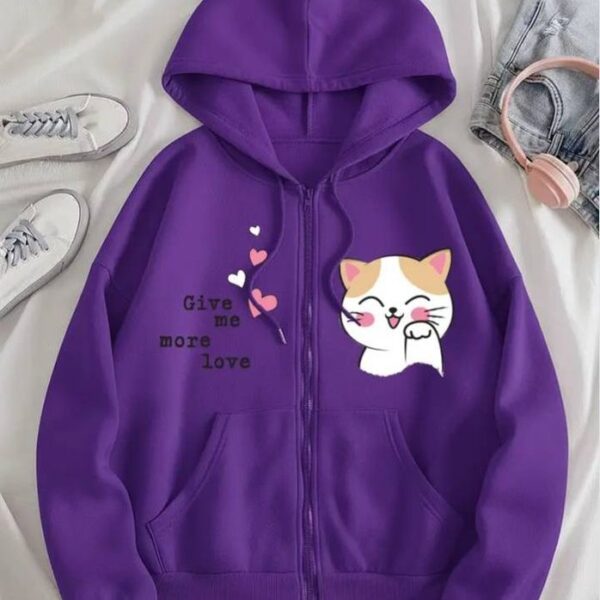 Cute Cat Printed “Give Me More Love” Zip-Up Hoodie for Girls