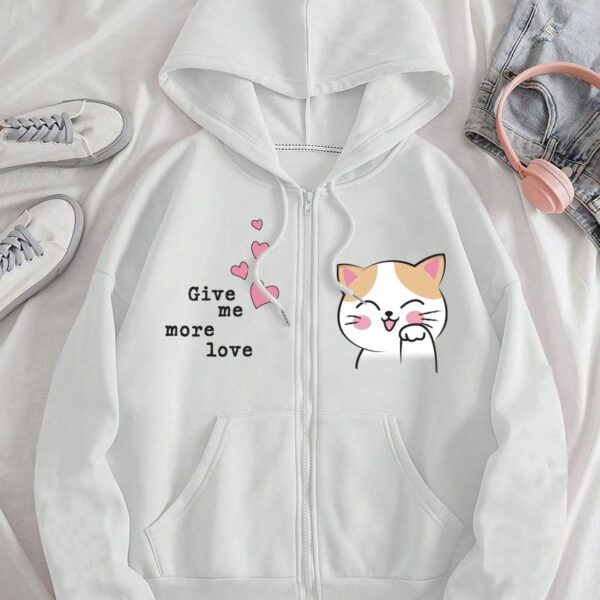 Cute Cat Printed “Give Me More Love” Zip-Up Hoodie for Girls